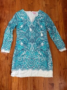 Lilly Pulitzer Turquoise Navy & White Tie Front Shift Style Dress XS *See photos